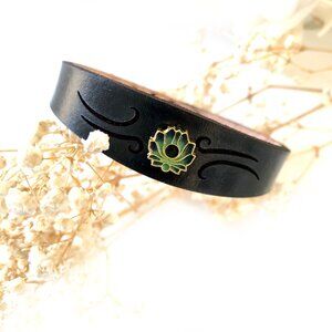 MishaGirl Handmade Thin Black Leather Bracelet Green Lotus Bead
